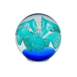 Blue Flower Glass Art Paperweight Round Sphere Figurine Teal Blue Petals